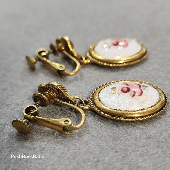 Vintage Guilloché Enamel Rose Earrings | Screw Back Gold Tone 1" - Picture 6 of 7